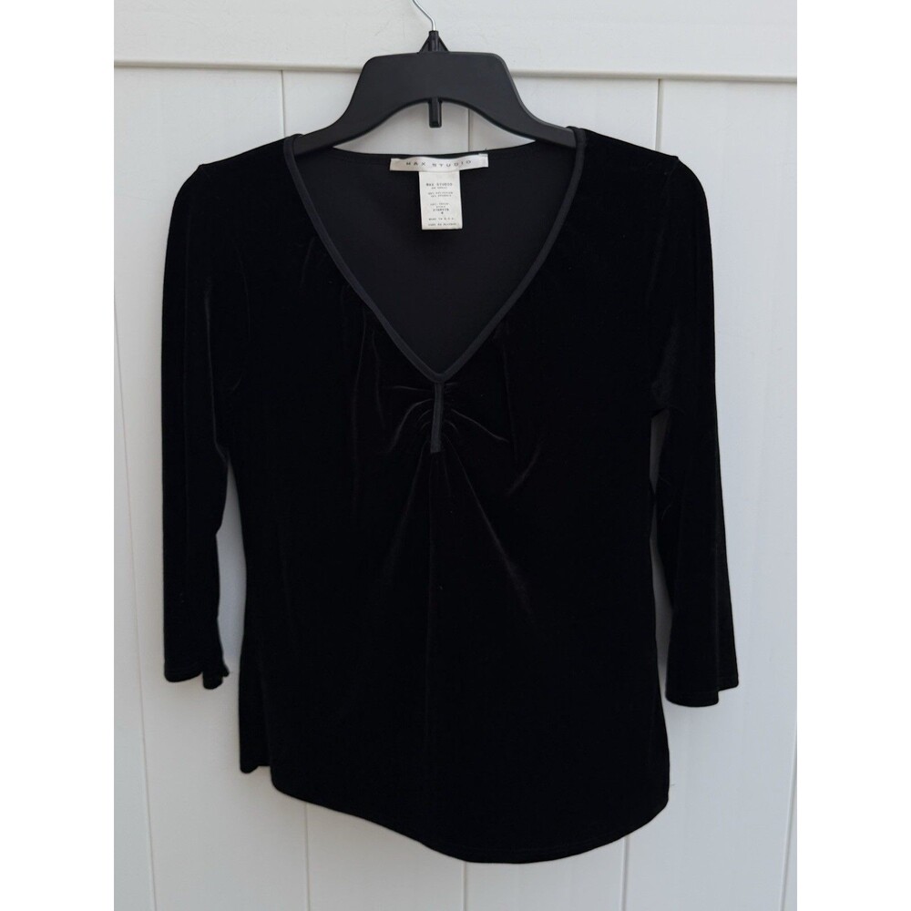 Vintage 90s Max Studio Velour Top Size Medium 3/4 Sleeve Black